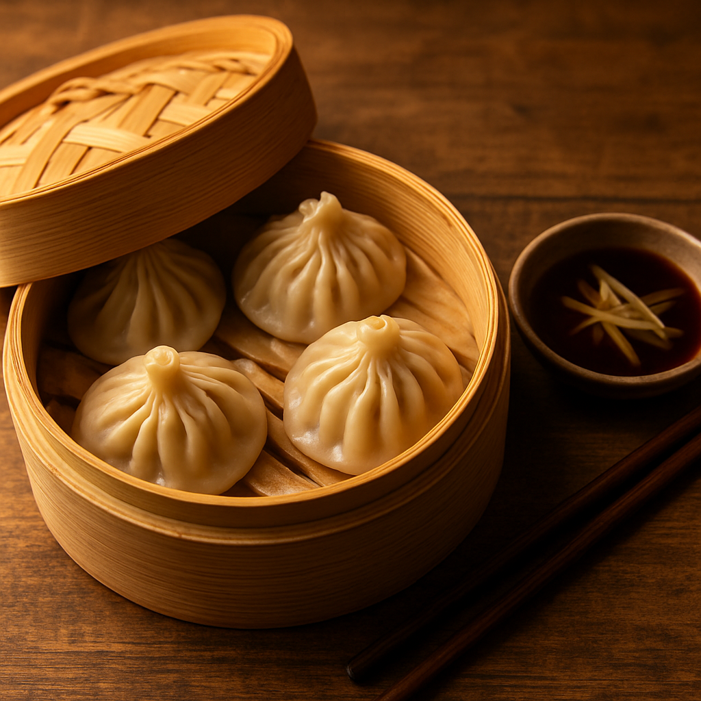Plump soup dumplings in a bamboo steamer with a dipping sauce