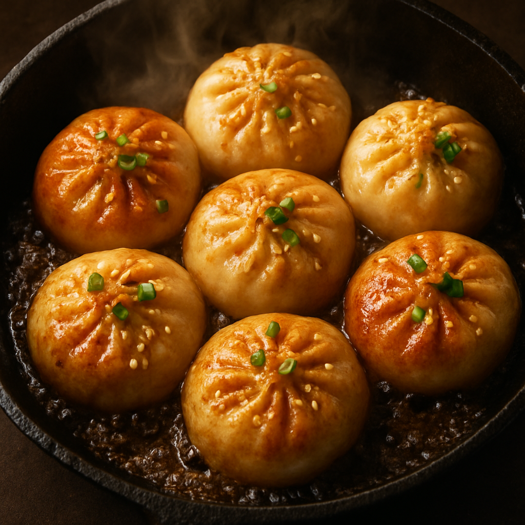 Golden pan-fried Shanghai dumplings sizzling in a pan