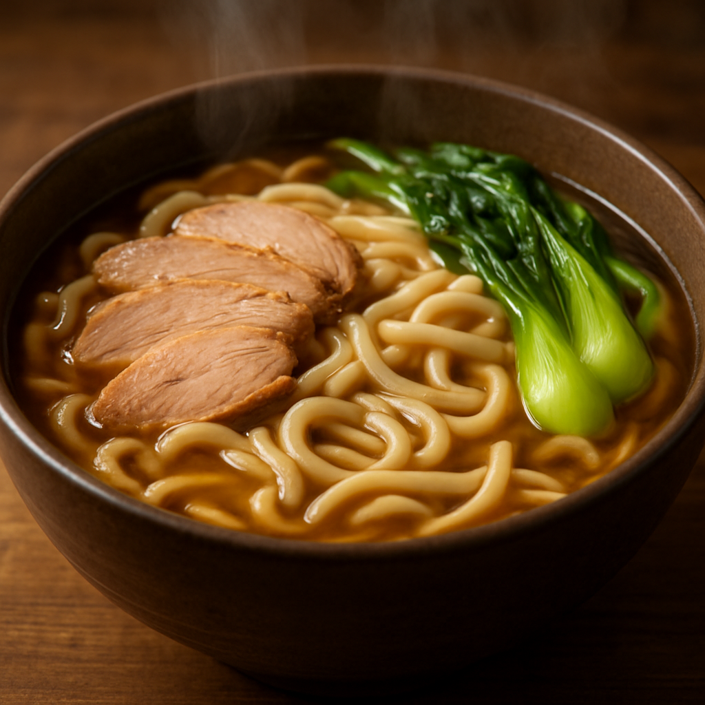 Steaming bowl of hand-pulled noodle soup with pork and greens