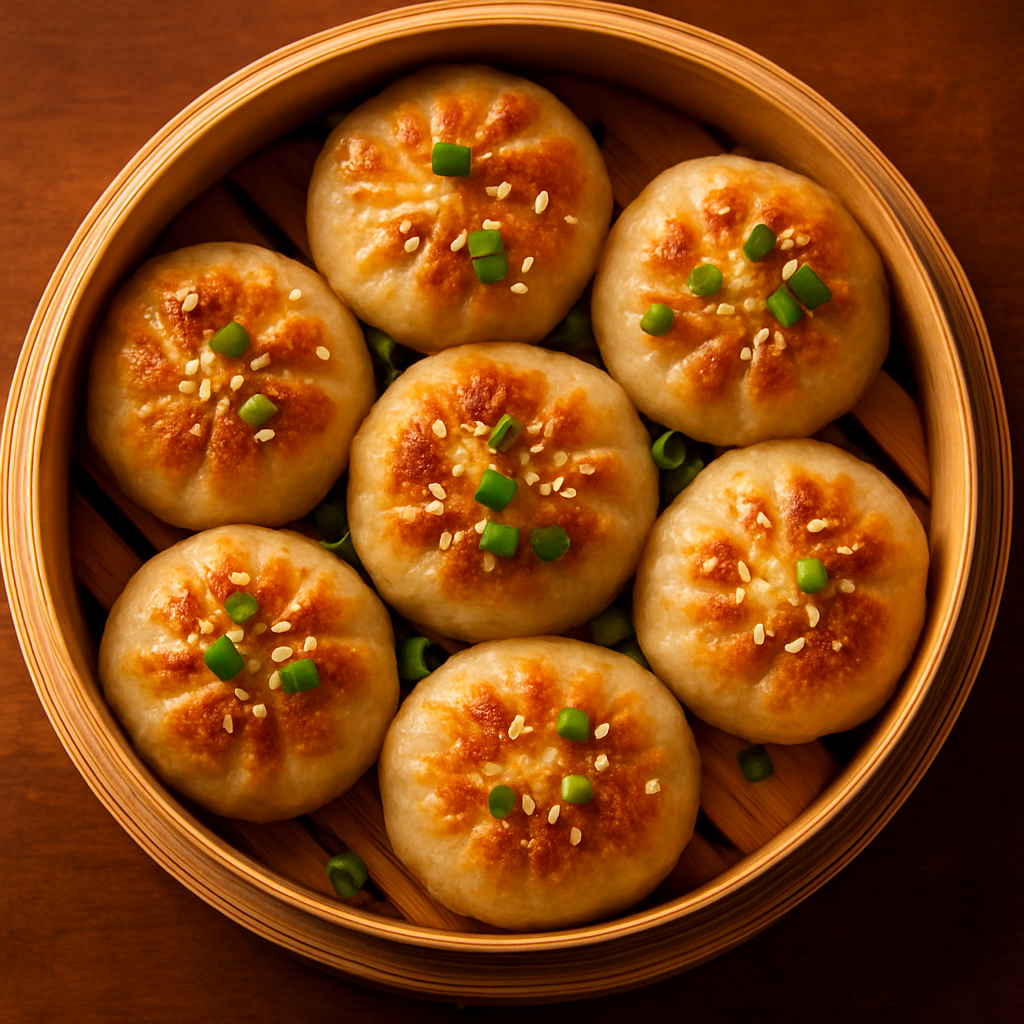 Golden crispy pan-fried Shanghai dumplings with sesame seeds