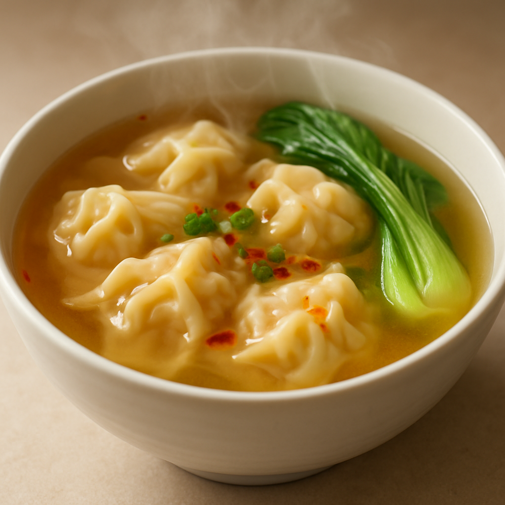 Delicate wonton dumplings floating in a clear golden broth